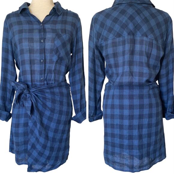 NEW SANCTUARY Navy Blue Plaid Button Down Long Sleeve Faux Wrap Shirt Dress S - Picture 1 of 6